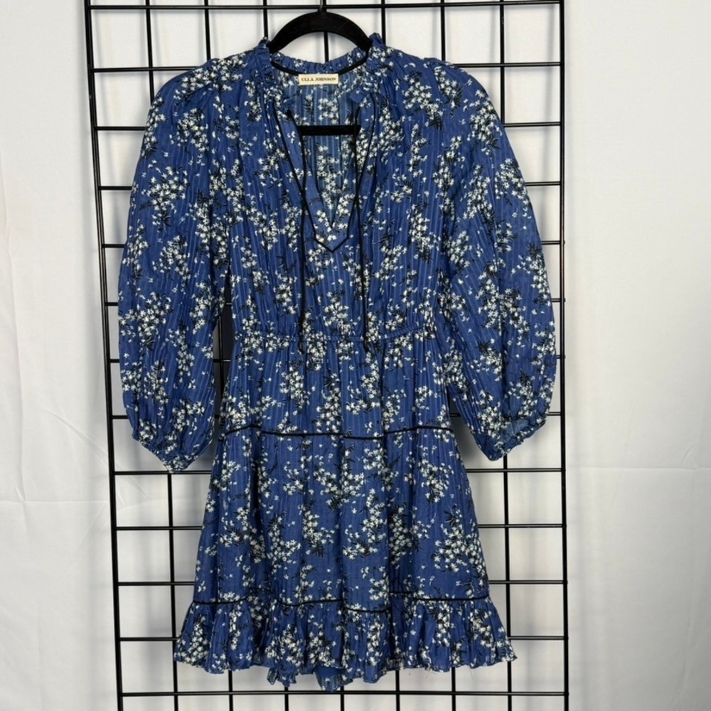 Ulla Johnson Brienne Mini Dress Womens 0 Blue Floral Tiered Gathered Jacquard